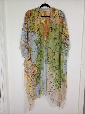 One Hundred Stars Map Print Kimono Jacket Open Front Lightweight Womens One Size